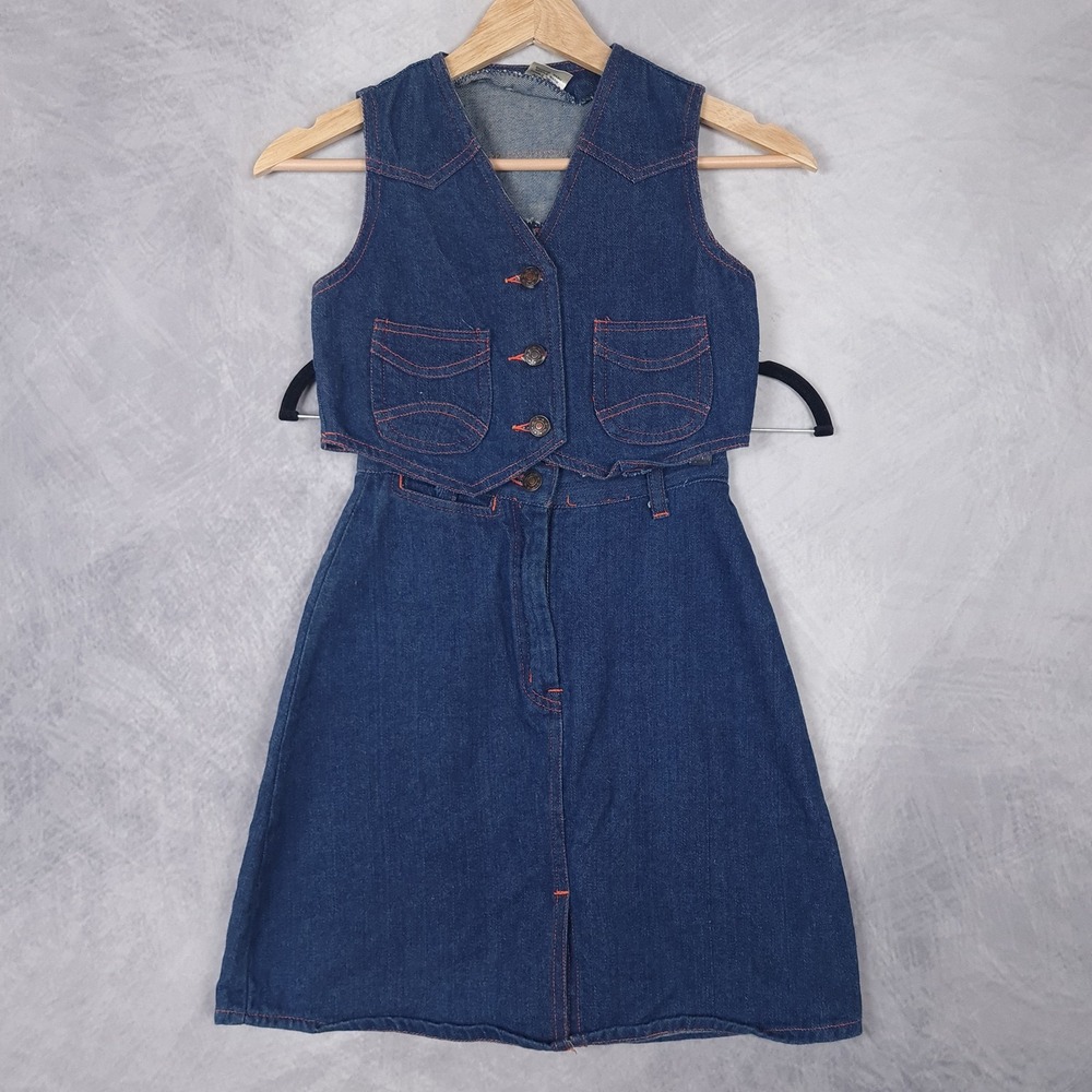 Vintage 80s Denim Skirt Vest Set Girls 8 Blue Western Cowgirl 2 Piece Outfit
